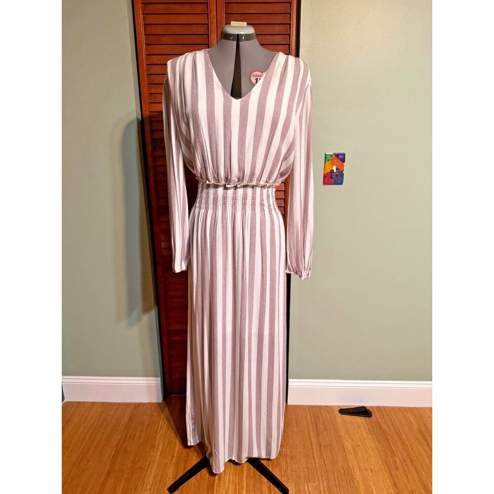 FRAICHE by J Taupe Stripe Smocked Waist Long Sleeve Side Slit Maxi Dress L